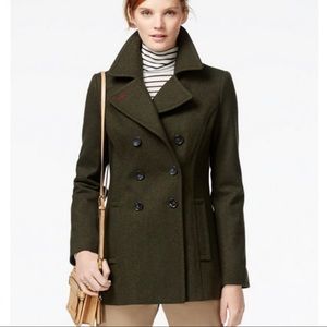 Tommy Hilfiger Olive Green Wool Mid-Length Pea Coat